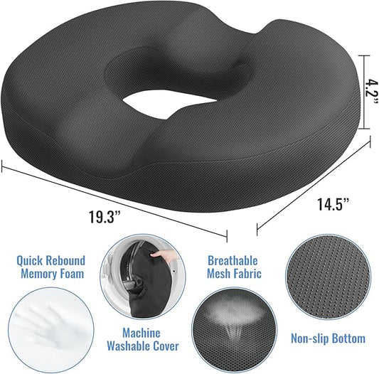 CloudBliss Donut Pillow Seat Cushion Chair Pad for Tailbone Pain Relief and Hemorrhoids, Memory Foam Seat Chair Cushion for Men and Women for Home & Office, (Grey-2XL)
