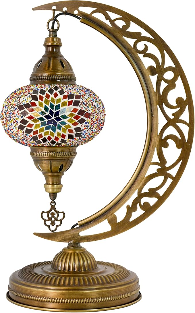 mozaist Turkish Tiffany Style Moon Shape Table Lamp, Moroccan Mosaic Crescent Handcraft Desk Light, Rustic Stained Glass Dining Room, Bedside Colorful Home Decor with E12 Socket & US Plug (Sunflower)