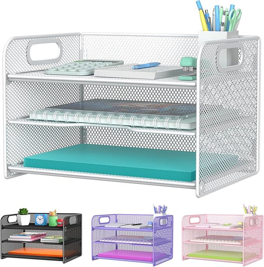 Samstar 3 Tier White Letter Tray Paper Organizer with Handle, Mesh Desk Organizer Paper Sorter File Rack Shelves, White
