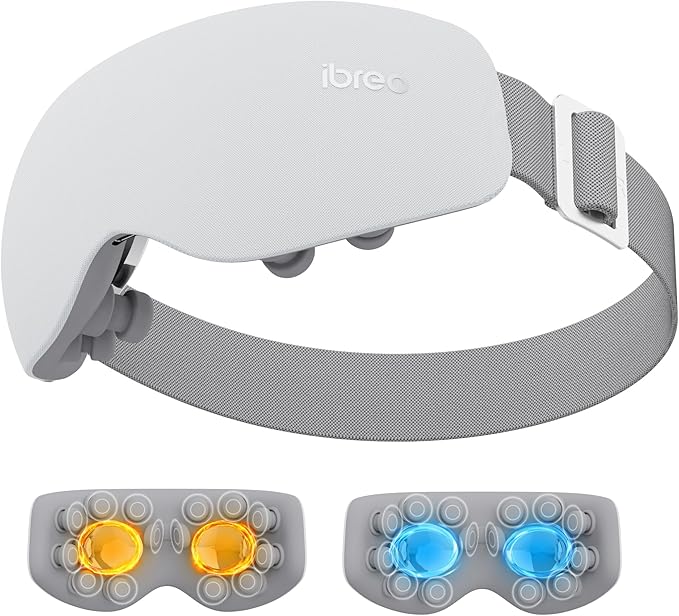Eye Massager with 2 Level Heat & Cool, 150 Mins Uses, 3 Modes & 14 Vibration Heads, Heated Eye Mask with Bluetooth Music for Migraine, Eye Strain Puffiness and Dry Eye Relief, Relaxation for Women Men