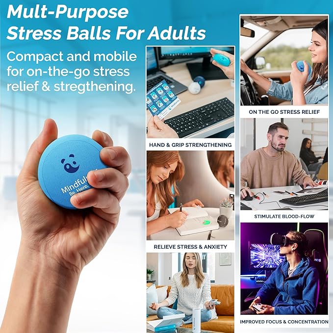 Mind & Body Stress Balls for Adults - Triple Density Squeeze Balls for Hand Therapy & Grip Strengthening - Stress & Anxiety Relief - Physical Therapy Support - Soft, Medium, Hard Gel Core