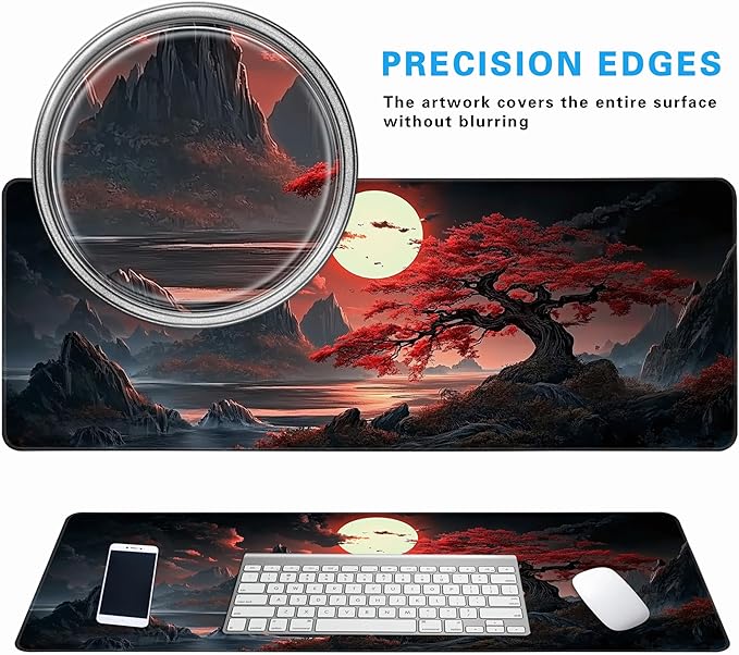 Japanese Desk Mat Red Full Moon Desk Pad Black Riverside Large Mouse Pad Gaming Mousepad Extended Keyboard Pad 31.5 x 11.8 in Laptop Computer Mouse Keyboard Mat for Office Desk Decor