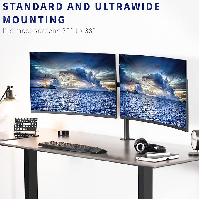 VIVO Premium Dual Ultra Wide LCD LED 27 to 38 inch Monitor Desk Mount, Heavy Duty, Adjustable Telescoping Arms, Flush Wall Setup, Fits 2 Screens, Black, STAND-TS38C