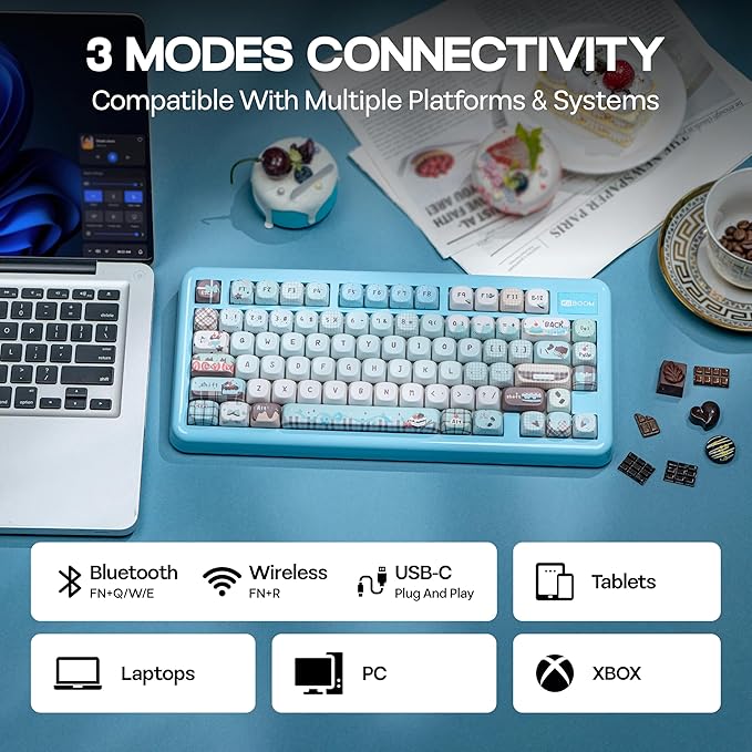 KiiBoom Phantom81 Lite 75% Gasket Mechanical Keyboard, QMK&VIA Programmable, 3 Modes Wireless Gaming Keyboard, RGB Backlights, ABS Case + UV Tech, Hot-Swappable for Windows/Mac/Linux (Blue)