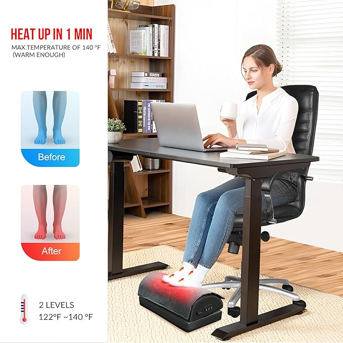 Heated Foot Rest Under Desk at Work, Ergonomic Desk Footrest with Vibrating Massage and Adjustable Height, Foot Warmer with Pocket, 3 Vibration Modes & 2 Heating Levels,Memory Foam,Office Home Gaming