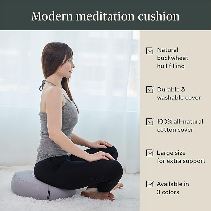 Mindful & Modern Large Meditation Cushion | Zafu Yoga Bolster Meditation Floor Pillow Seat | Buckwheat Hull Filled Crescent Shaped Cushion with Removable Washable Cover + Carry Handle
