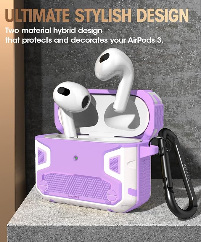 Koaichi Compatible with AirPods 3rd Generation Case(2021), Full-Body Rugged Hard Shell Protective Case Cover with Keychain Designed for AirPods 3 Case, Purple/White