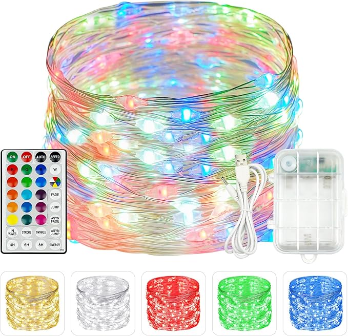 RGB Color Changing 33Ft 100LED Easter Fairy Lights Battery Operated, Waterproof String Lights USB Powered with Timer for Indoor & Outdoor,16 Colors and Multicolor for Girl's Bedroom Christmas Decor