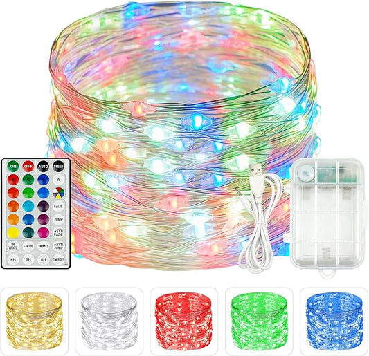 RGB Color Changing 33Ft 100LED Easter Fairy Lights Battery Operated, Waterproof String Lights USB Powered with Timer for Indoor & Outdoor,16 Colors and Multicolor for Girl's Bedroom Christmas Decor