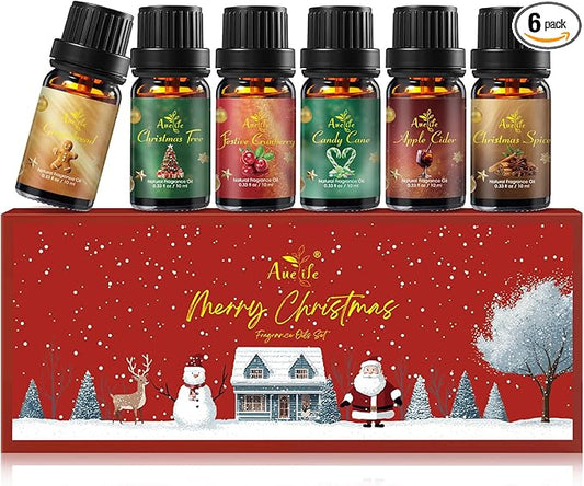 Christmas Essential Oil Set, Essential Oils for Diffusers for Home, Fragrance Oil Gift Set | Gingerbread, Candy Cane, Christmas Tree, Spice, Cranberry, Apple Cider | Aromatherapy, Candle & Soap Making