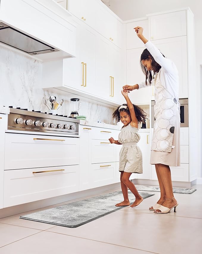 Anti-Fatigue Kitchen Mat Set – 2-Piece Memory Foam Cushioned Mats for Standing – Pewter, 18×30 & 18×60, 0.4 in Thick, Waterproof, Non-Slip – Homergy