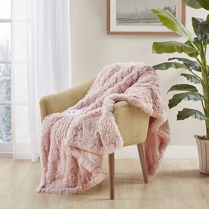 Serta Mila Shaggy Heated Throw Blanket - Soft Faux Fur Heated Blanket, Fast Heating, Auto Shut Off Timer, Low EMF, 5 Heat Setting, ETL Certified, Machine Washable Electric Blanket, Blush 50"x60"