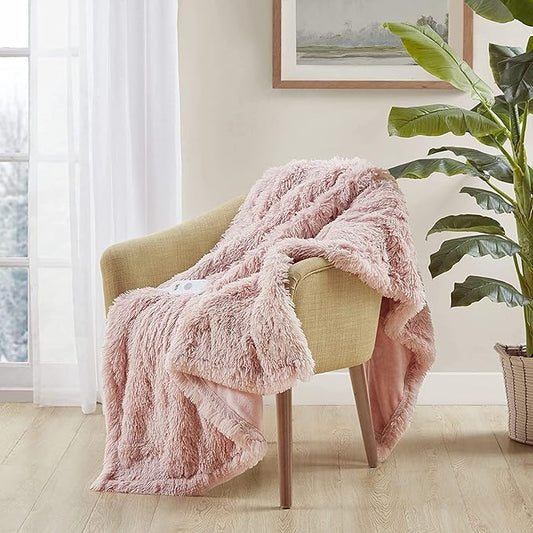 Serta Mila Shaggy Heated Throw Blanket - Soft Faux Fur Heated Blanket, Fast Heating, Auto Shut Off Timer, Low EMF, 5 Heat Setting, ETL Certified, Machine Washable Electric Blanket, Blush 50"x60"