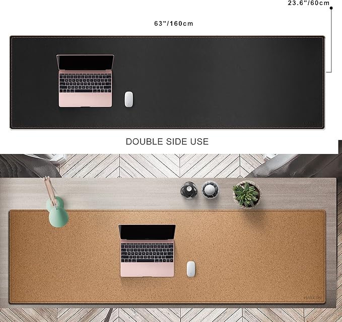 MAIDERN Cork & Leather Desk Mat, 63' x 23.6' Large XXL, Full Size Reversible Desk Pad Protector for Gaming & Home Office (Black)