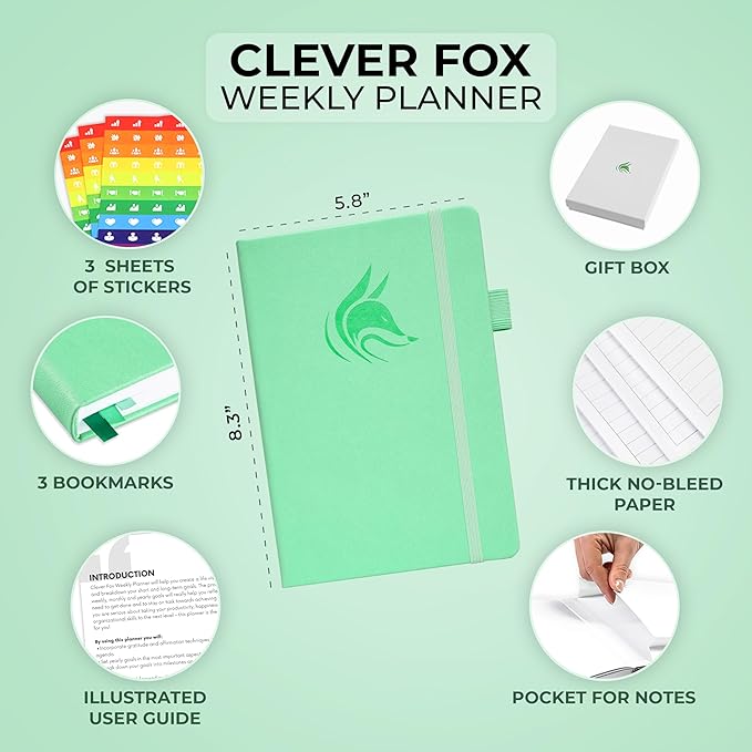 Clever Fox Planner – Undated Weekly & Monthly Planner for Productivity, Time Management & Goals – Organizer Journal – A5 (Mint Green)