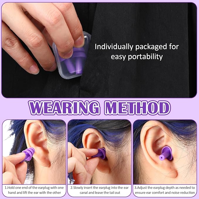 TrelaCo 100 Pairs Ear Plugs Bulk, NRR 29dB Reusable Silicone Ear Plugs with Plastic Cases Soft Foam for Sleeping Noise Cancelling for Concerts Shooting Swimming Noise Reduction(Purple)