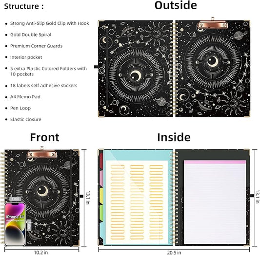 Ospelelf Clipboard with Storage 8.5 X 11，Padfolio Organizer, Spiral Portfolio Letter Size with Notepad, Pen Holder, 5 Extra Folder Divider Pages, Elastic Closure Nurse Office Essentials (Black Tarot)