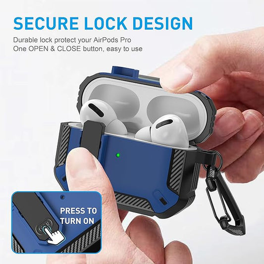Maxjoy for AirPods Pro Case Cover with Lock, AirPods Pro 1st Generation Case for Men Military Rugged Protective Cover with Keychain Compatible with Apple AirPod Pros 2019 Front LED Visible, Blue