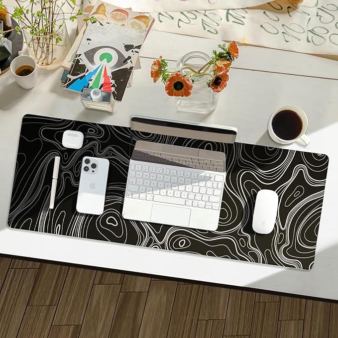 Waterproof Large Gaming Mouse Pad with Durable Stitched Edges, Non-Slip Rubber Base, Smooth Surface Mouse Mat Desk Pad for Home Office Gaming, 31.5"x11.8"x0.12", Black Topographic Map