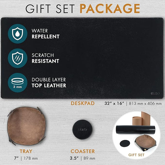 Elizo Leather Desk Mat Desk Pad Blotter Set - Real Full-Grain Leather (32x16) 2-Layer Genuine Desk Cover Protector & Large Mouse Pad | Computer Keyboard Desk Accessories for Office & Home