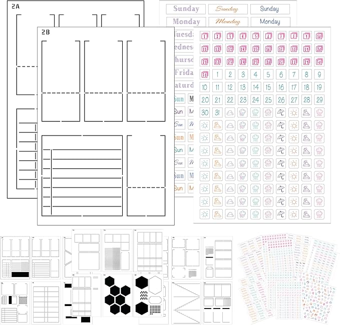Weekly Planner Layout Journaling Supplies Kit (32 pcs) - 18 Weekly Layout A5 Planner Stencils and 14 Sheets Colorful Planner Stickers, Planner Accessories Compatible with A5 Bullet Journals