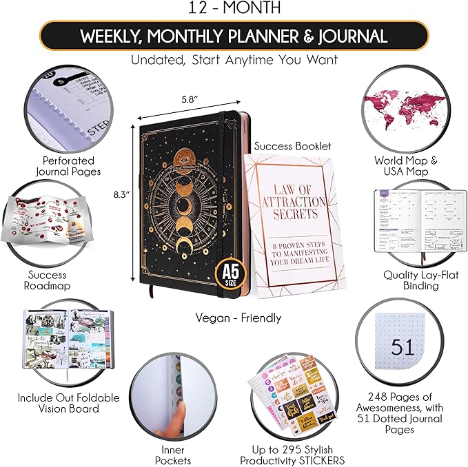 Life Planner - Undated Weekly & Monthly Planner, 12-Month Journey to Increase Productivity | Gratitude Journal, Life Organizer & Goal Journal | Include Foldable Vision Board, Habit Tracker & Stickers
