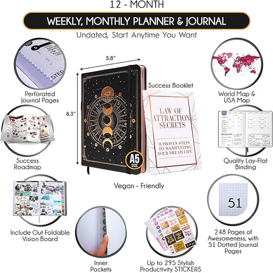 Life Planner - Undated Weekly & Monthly Planner, 12-Month Journey to Increase Productivity | Gratitude Journal, Life Organizer & Goal Journal | Include Foldable Vision Board, Habit Tracker & Stickers