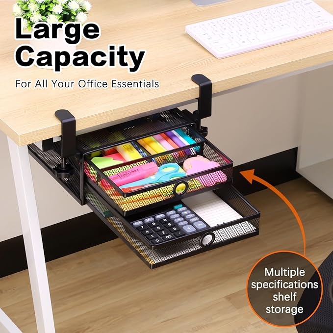 ROSLINE Under Desk & Desktop Drawer Organizer - 2-Tier Metal Slide Out Drawers Organizer, Storage for Home Office Desk (Black)