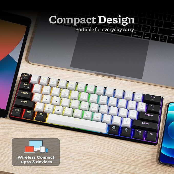 Newmen GM610 60% Wireless Mechanical Gaming Keyboard,Wired/Bluetooth/2.4G Keyboard,RGB Backlit,61 Anti-Ghosting Keys,Programmable,Hot-Swappable,for Windows Mac Android (Black-White/Red Switch)