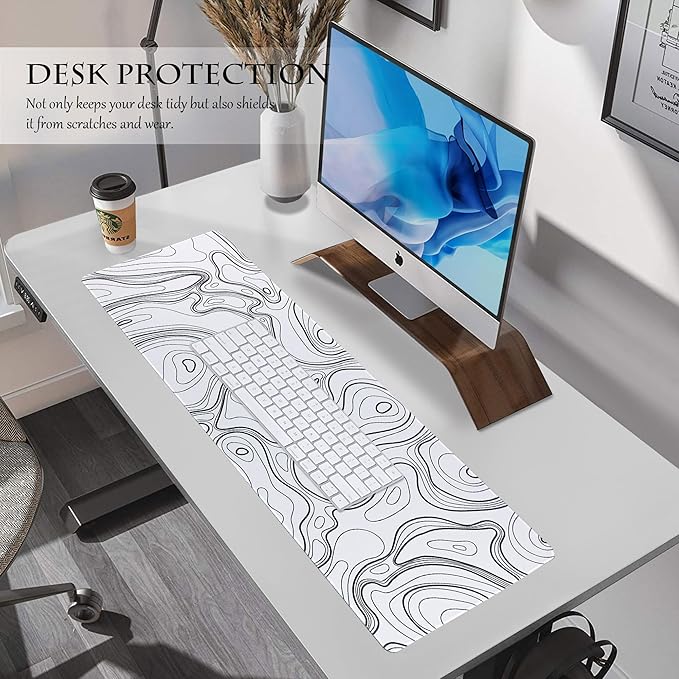 ALOANES Waterproof Mouse Pad with Durable Stitched Edge, XL gaming Keyboard Pad, Non-Slip Rubber Base, Extended Desk pad for Gamer, Office & Home, White Topographic Map Mousepad 31.5''x 11.8''x 0.12''