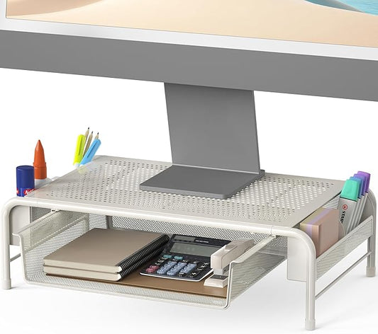 Simple Houseware Metal Desk Monitor Stand Riser with Organizer Drawer, White