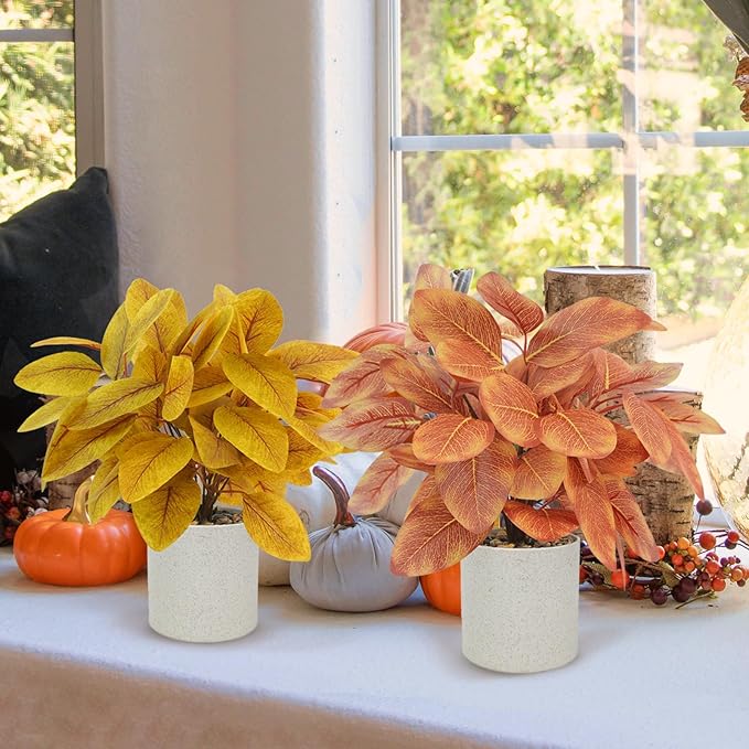 2PCS Fall Artificial Potted Plants Small Plastic Eucalyptus Plants Fall Decorations for Home Autumn Office Desk Farmhouse Room Decor