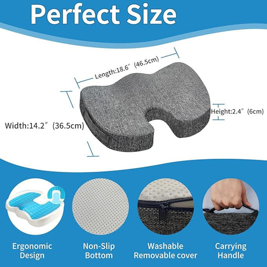 Seat Cushion for Long Sitting, Cooling Gel Memory Foam Seat Cushion - Back, Sciatica, Coccyx, Tailbone Pain Relief - for Office Chairs, Car Seat, Wheelchair Sitting Cushion (Black)