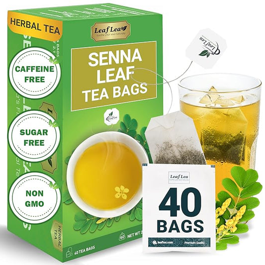 LeafLea 40 Senna Tea Bags – 100% Pure Senna Leaves, Herbal Laxative Tea for Gentle Constipation Relief, Caffeine-Free, Sugar-Free, Gluten-Free, Non-GMO, Vegan, Supports Digestive Health
