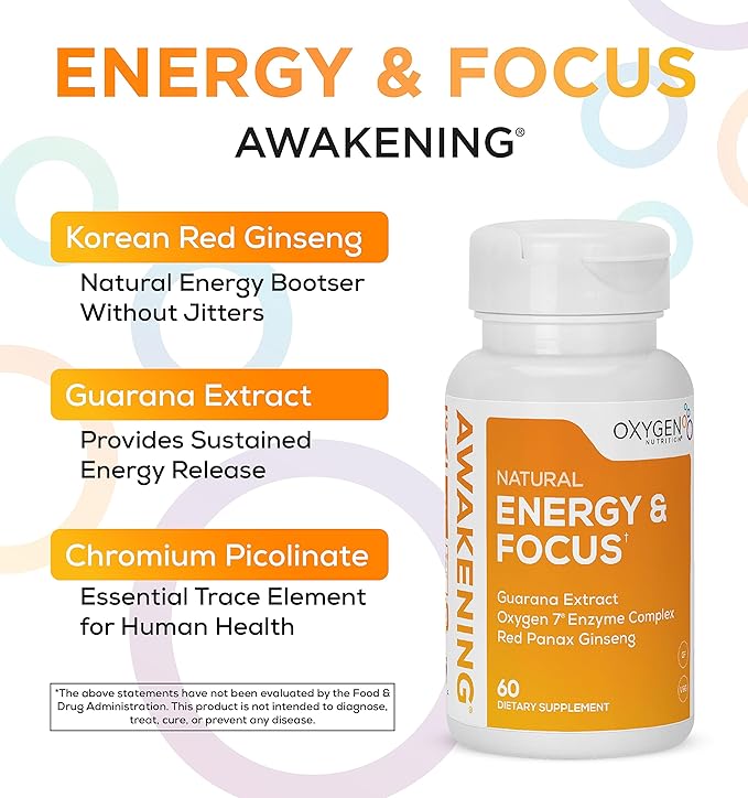 Awakening Natural Energy & Focus Nootropic Supplement with Panax Ginseng, Guarana Extract & Chromium Picolinate | Brain Supplement for Focus, Energy, Mood & Clarity | Gluten Free Veggie, USA - 60 Caps