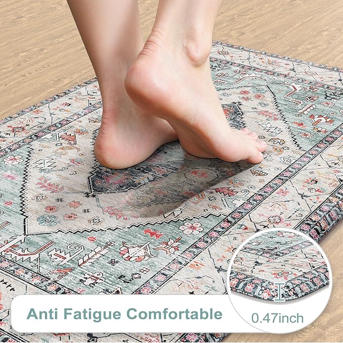 KIMODE Anti Fatigue Mat for Kitchen Floor, Boho Oriental Kitchen Runner Rug, Non Slip Waterproof Kitchen Rug, Vintage Kitchen Mat for Floor, Laundry, Office, Sink, Desk Blue 20"x71"