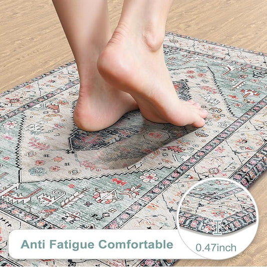 KIMODE Anti Fatigue Kitchen Mats,Boho Vintage Kitchen Rugs Sets of 2,Non Slip Waterproof Kitchen Floor Mats,Ergonomic Cushioned Comfort Standing Mat for Laundry,Office,Sink,Desk,Blue