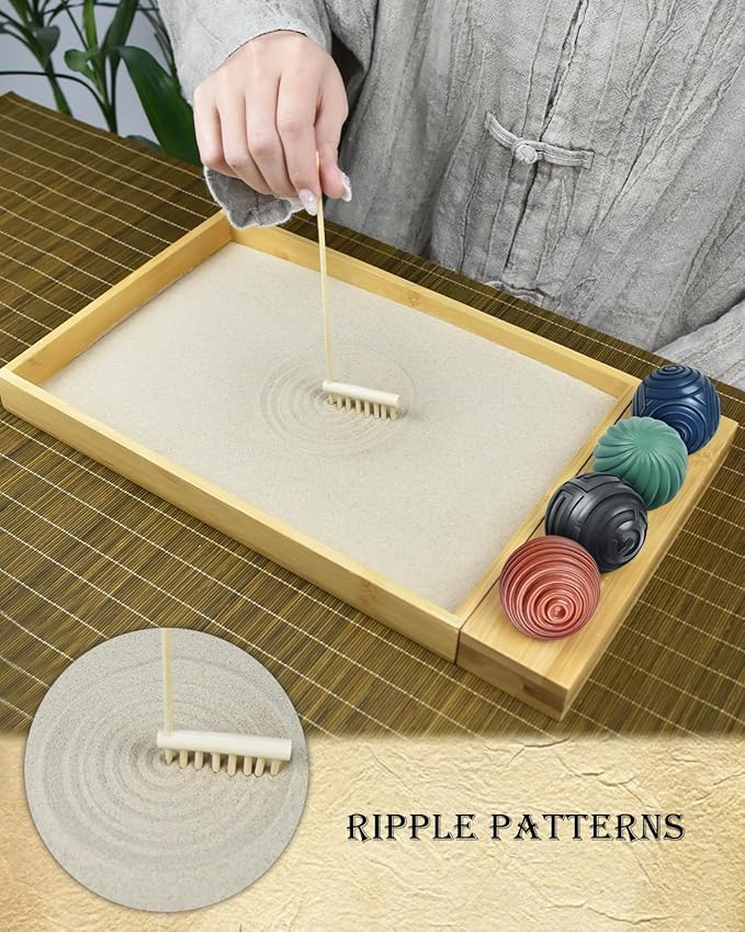 Artcome Jpanese Zen Garden Kit for Desk - Premium Mini Sand Garden with Bamboo Tray - Meditation Sand Tray with 4 Zen Balls and Rake Tools for Relaxation - Mindfulness Therapy Decor - Ideal for Gift