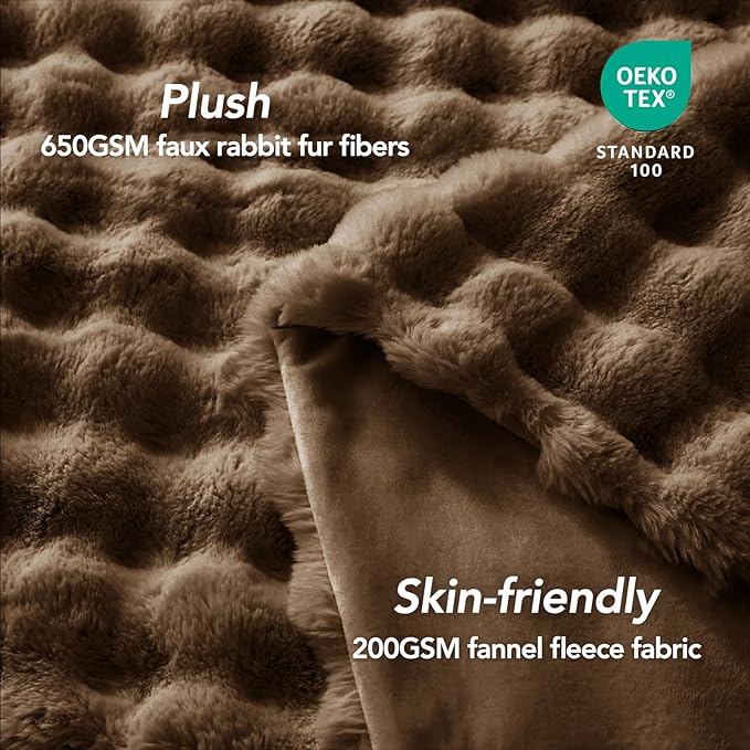 L'AGRATY Faux Rabbit Fur Blanket: 90" x 90" Queen Luxury Soft Fluffy Thick Fur Throw Blanket for Couch Bed Sofa - Cozy Plush Bubble Blankets for Winter: Flannel Fleece Decorative Blanket(Cocoa Brown)
