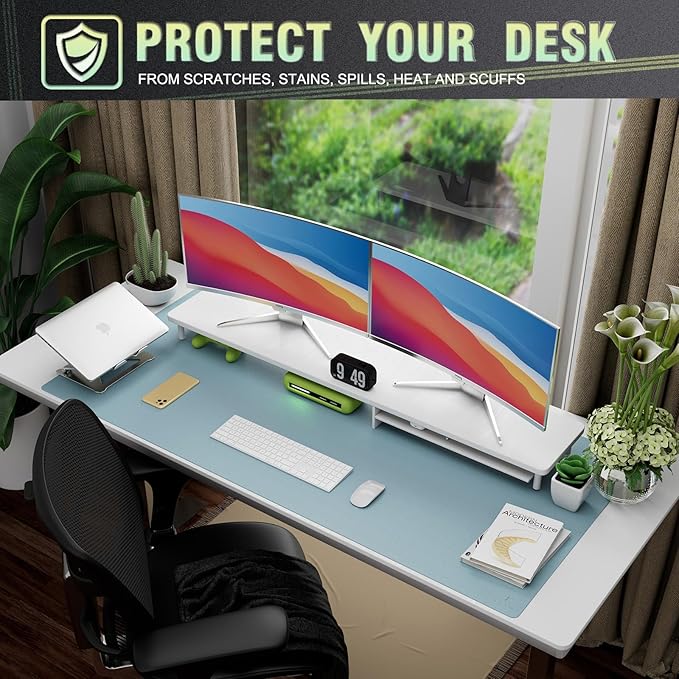 K KNODEL Large Office Leather Desk Mat, Mouse and Keyboard Pad, Computer and Laptop Mat, Desktop Protector and Cover, Writing Pad and Blotter (47.2"x23.6", Light Blue)