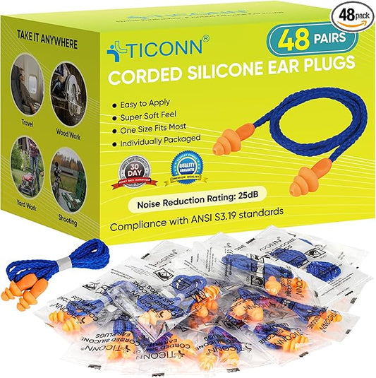 TICONN 48 Pairs Reusable Silicone Ear Plugs for Sleeping Noise Cancelling, 25dB NRR Corded Earplugs for Study Concentration Travel (48 Pairs)
