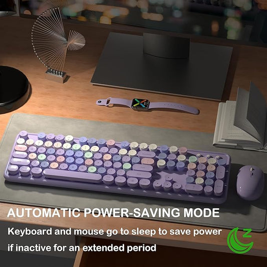Wireless Keyboard and Mouse, Full-Size Retro Typewriter Keyboard with Round Keycaps, 2.4GHz for Windows, Mac, Laptop, PC, Desktop (Purple Colorful)