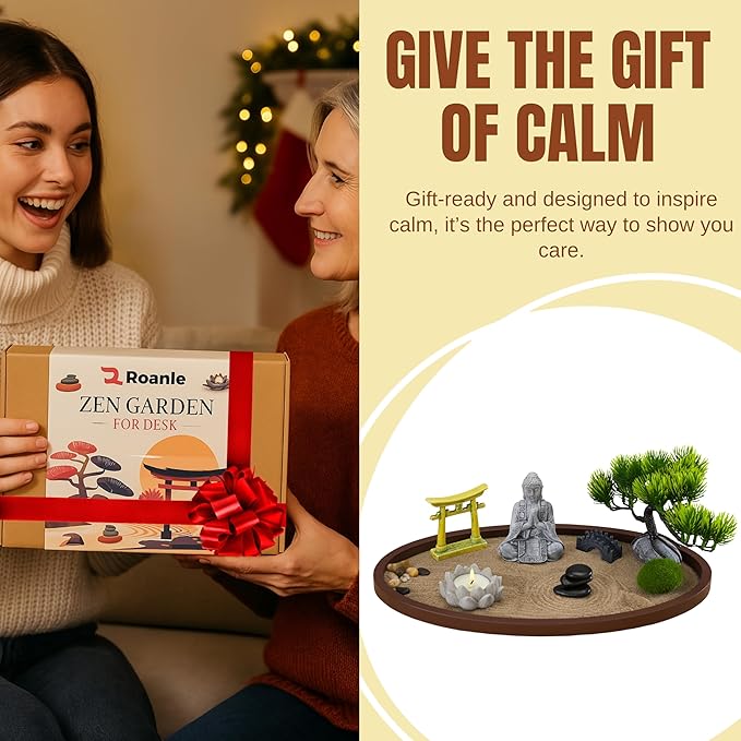 Zen Garden for Desk 13x8in – Japanese Decor with Buddha, Bonsai Tree, Tools & Accessories – Mini Zen Garden Kit for Office Desk, Home, Meditation Room, Desktop Gift Set, Sand Tray Therapy