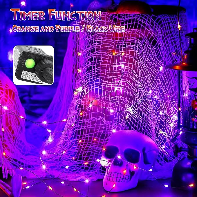 66Ft 200 LED Halloween Fairy Lights Plug in, 8 Modes String Lights with Timer for Outdoor & Indoor, Waterproof Twinkle Lights for Bedroom Garden Party Patio Halloween Decorations (Purple&Orange)