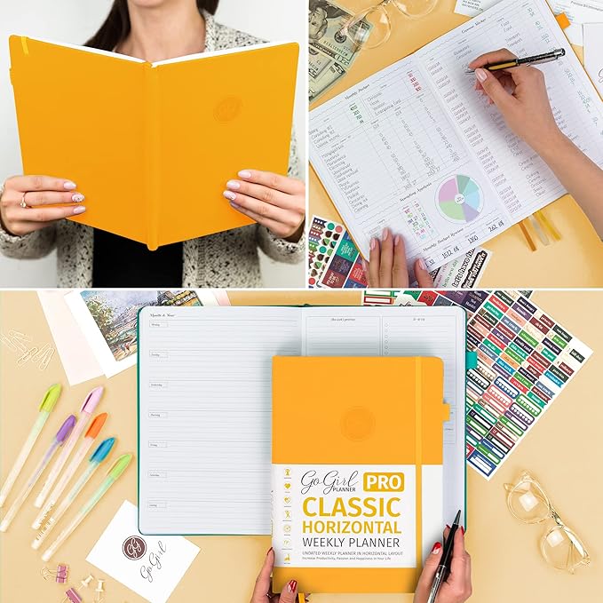 GoGirl Planner PRO - Undated Horizontal Layout Weekly Planner and Organizer + Budgeting and Expense Tracking Pages, Goals Journal & Agenda, 7" x 10" Hardcover, Lasts 1 Year - Amber Yellow