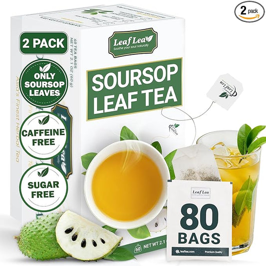 LeafLea 80 Soursop Leaf Tea Bags, from Natural Soursop Leaves (Graviola), Herbal Blend for Wellness, Sour Sop Herbal Tea Individually Wrapped for Freshness, Caffeine-Free, Vegan, No Sugar, Non-GMO