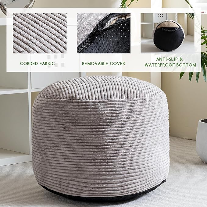 HIGOGOGO Round Stuffed Pouf Ottoman, Corduroy Poufs with Foam Chunk Filling, Furry and Fluffy Pouf Foot Stool Storage Ottoman, 26 X 18 Floor Poufs Foot Rest for Living Room, Grey