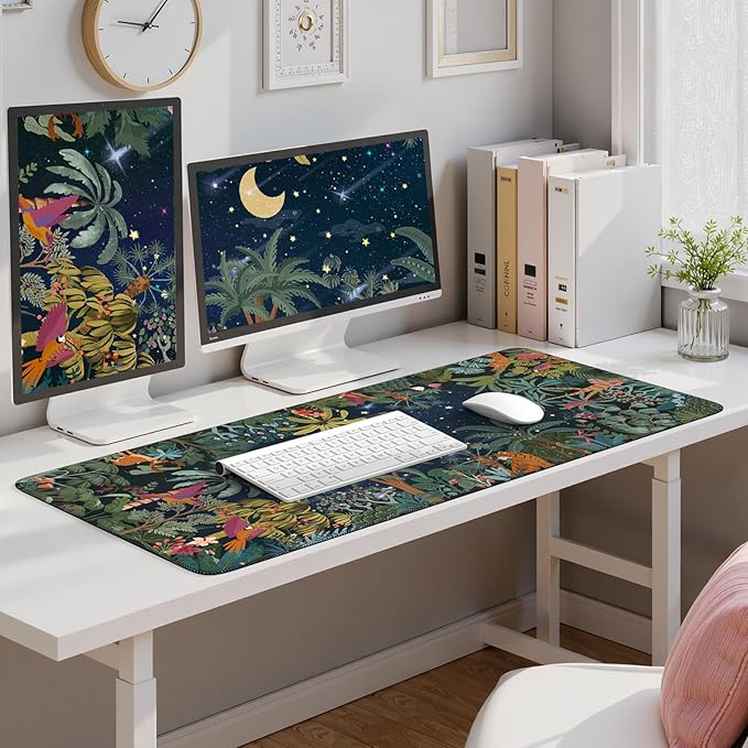 iCasso Midnight Jungle Mouse Pad, Desk Pad Mat, Desk Matt for Desktop, XXL Large Anti-Slip Big Mousepad with Stitched Edges, Keyboard Pad Mouse Mat for Computer(Night)