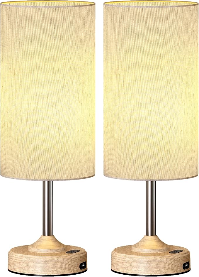 EZVALO Rechargeable Table Lamp, 2-Pack, Dimmable, 2700K, Timer, Touch Control, Portable, LED, Wireless, Cordless e, Battery Operated, Desk Lamp, Kitchen Lamp, Fabric Shade, Wood-Grain Finish, Bedside