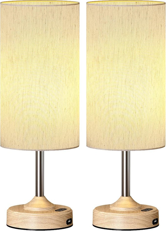 EZVALO Rechargeable Table Lamp, 2-Pack, Dimmable, 2700K, Timer, Touch Control, Portable, LED, Wireless, Cordless e, Battery Operated, Desk Lamp, Kitchen Lamp, Fabric Shade, Wood-Grain Finish, Bedside